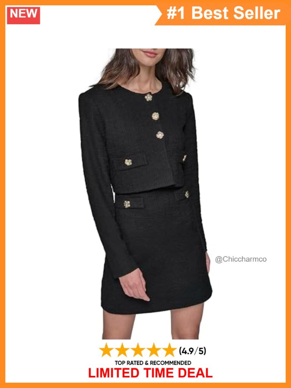 Cropped Tweed Blazer Jacket Scoop Neck 3/4 Sleeve Business Casual